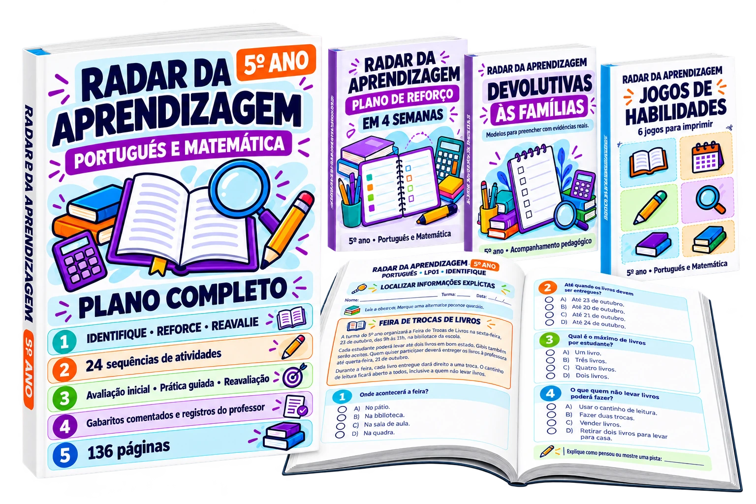 Visualização do Plano Completo, com o PDF principal, páginas de atividades e os três bônus